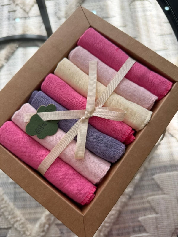 Özel Seri Müslin 7'li %100 Pamuklu Bebek Ağız Silme Mendili - PEMBE
