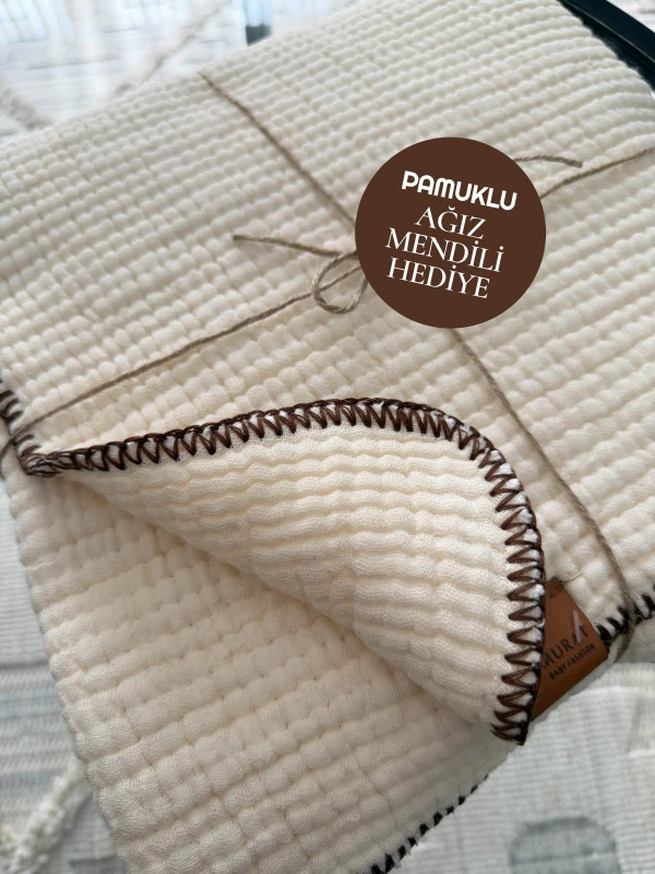 %100 Pamuklu 4 Katlı Yanları Oyalı Dikişli Müslin Battaniye - KREM