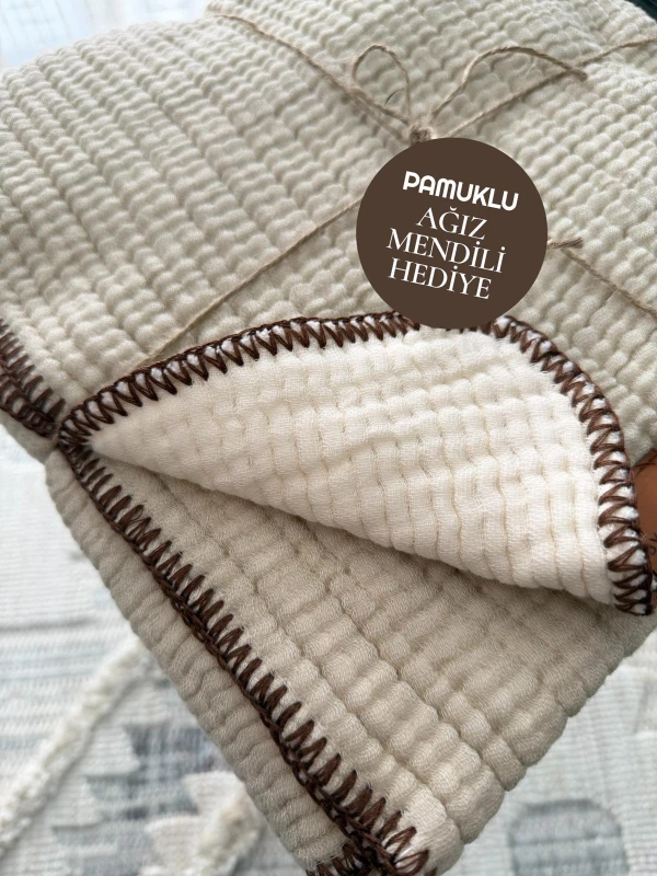 %100 Pamuklu 4 Katlı Yanları Oyalı Dikişli Müslin Battaniye - BEJ