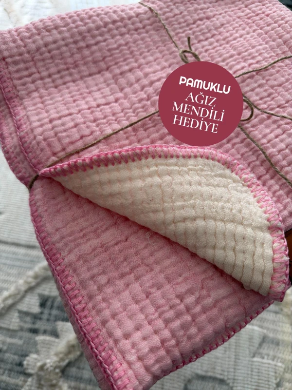%100 Pamuklu 4 Katlı Yanları Oyalı Dikişli Müslin Battaniye - PEMBE