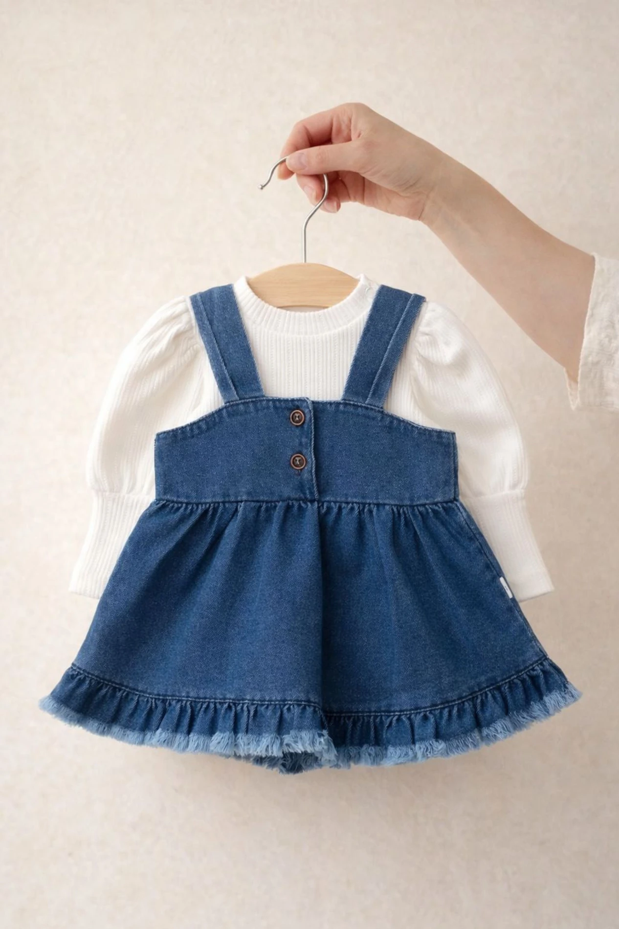 Kız Bebek Kot Jile Elbise & Uzun Kollu Bluz Takım – Fırfır Detaylı, Günlük Şık Kombin - KOT MAVİ