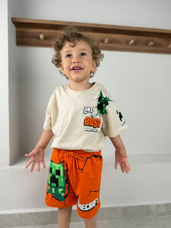 Erkek Bebek&Çocuk Baskılı 2’li Takım–Şortlu Yazlık Pamuklu Takım(1-8Yaş) Karakterli/Araba Desenli - TURUNCU