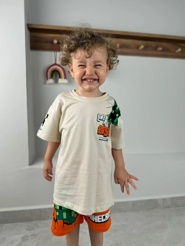 Erkek Bebek&Çocuk Baskılı 2’li Takım–Şortlu Yazlık Pamuklu Takım(1-8Yaş) Karakterli/Araba Desenli - TURUNCU