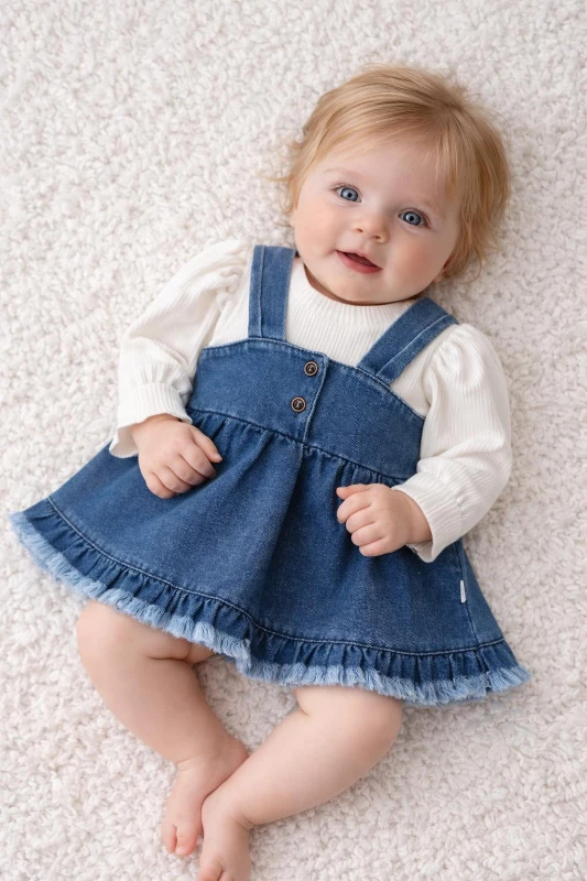 Kız Bebek Kot Jile Elbise & Uzun Kollu Bluz Takım – Fırfır Detaylı, Günlük Şık Kombin - KOT MAVİ