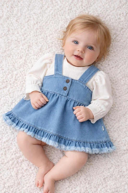 Kız Bebek Kot Jile Elbise & Uzun Kollu Bluz Takım – Fırfır Detaylı, Günlük Şık Kombin - MAVİ