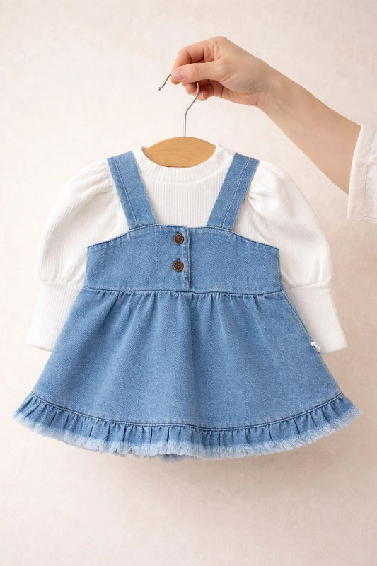 Kız Bebek Kot Jile Elbise & Uzun Kollu Bluz Takım – Fırfır Detaylı, Günlük Şık Kombin - MAVİ