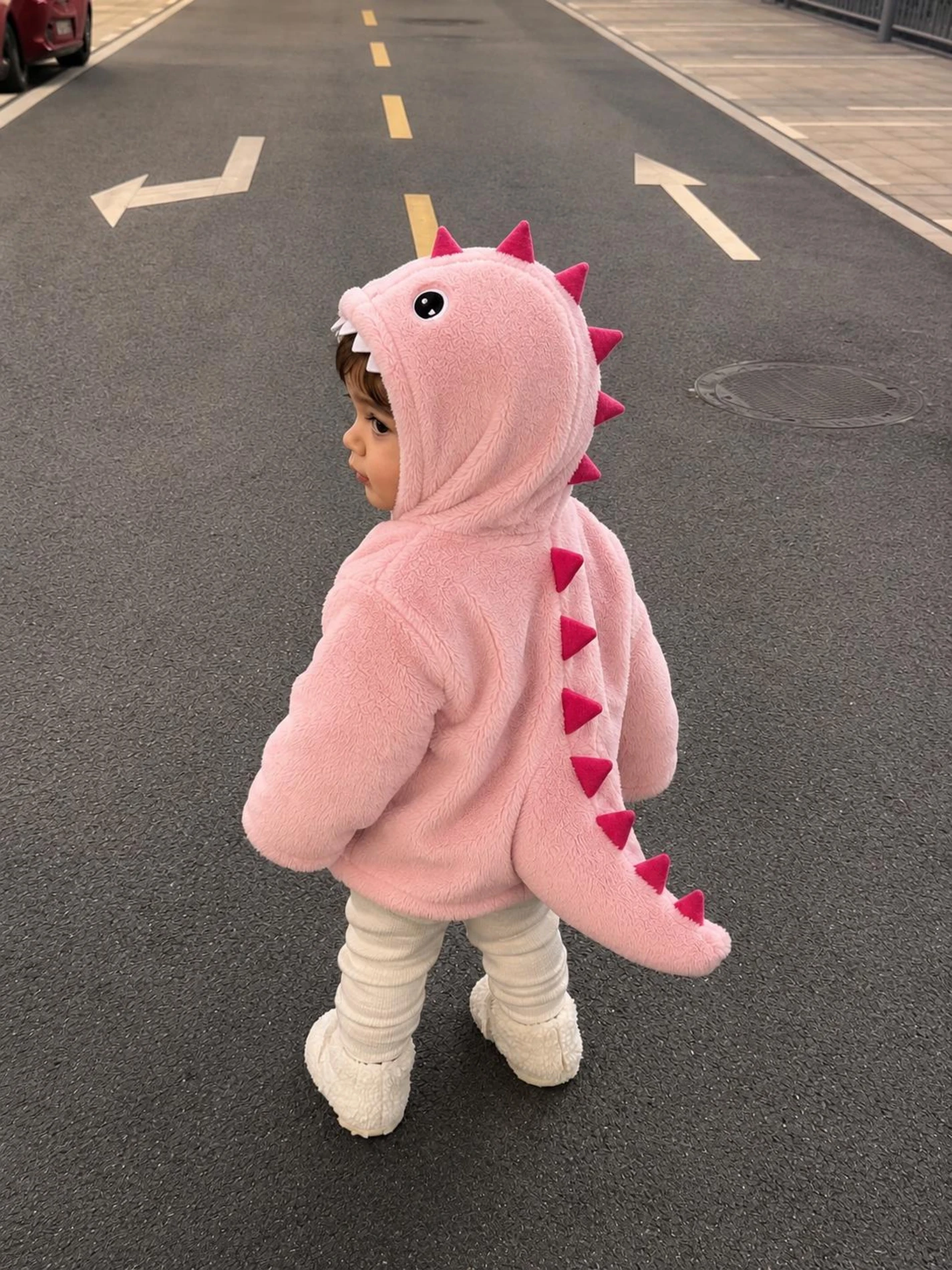 3D Dinozor Peluş Çocuk Montu %100 Pamuklu İç Astarlı Kapüşonlu Fermuarlı Kız Erkek Kışlık Mont - PEMBE