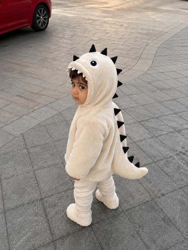 3D Dinozor Peluş Çocuk Montu %100 Pamuklu İç Astarlı Kapüşonlu Fermuarlı Kız Erkek Kışlık Mont - KREM