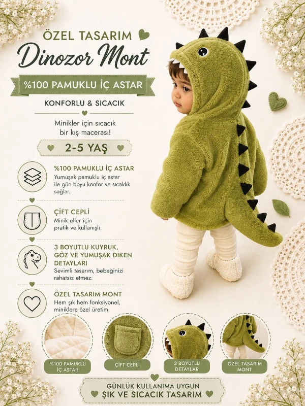 3D Dinozor Peluş Çocuk Montu %100 Pamuklu İç Astarlı Kapüşonlu Fermuarlı Kız Erkek Kışlık Mont - YEŞİL