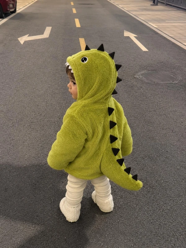 3D Dinozor Peluş Çocuk Montu %100 Pamuklu İç Astarlı Kapüşonlu Fermuarlı Kız Erkek Kışlık Mont - YEŞİL