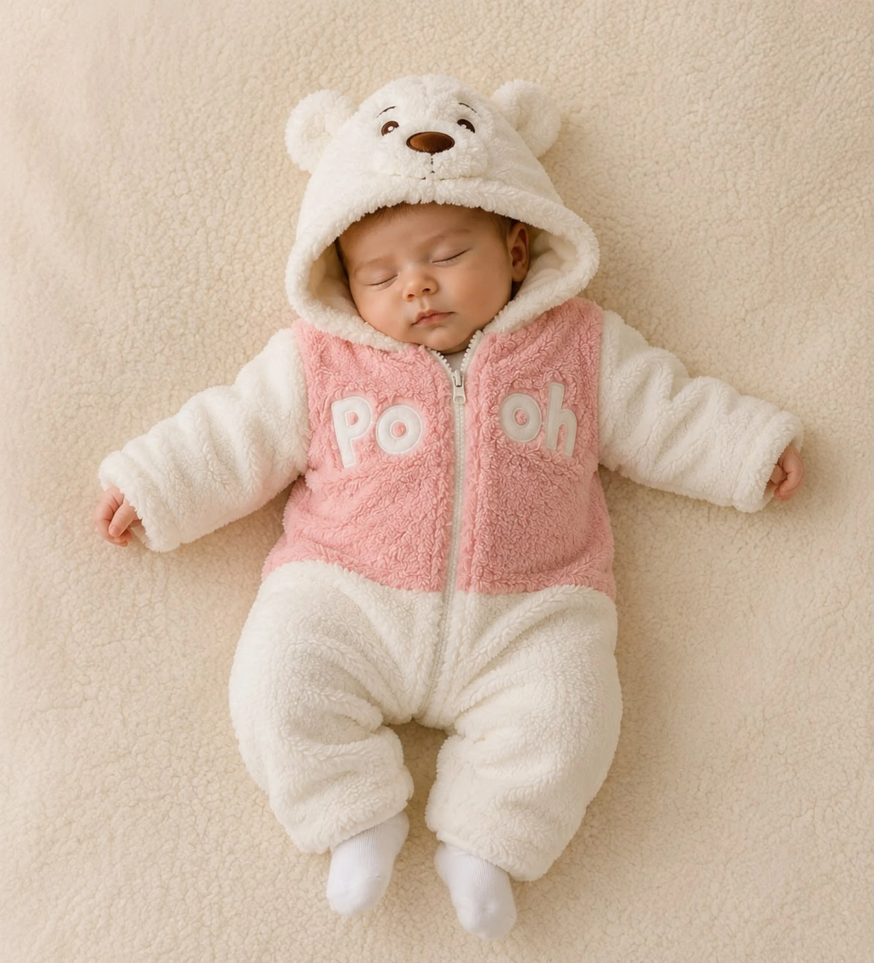Winnie The Pooh Welsoft Peluş Unisex Fermuarlı Kışlık Bebek Uyku Tulumu Bebek Tulumu Bebek Kostümü - KREM