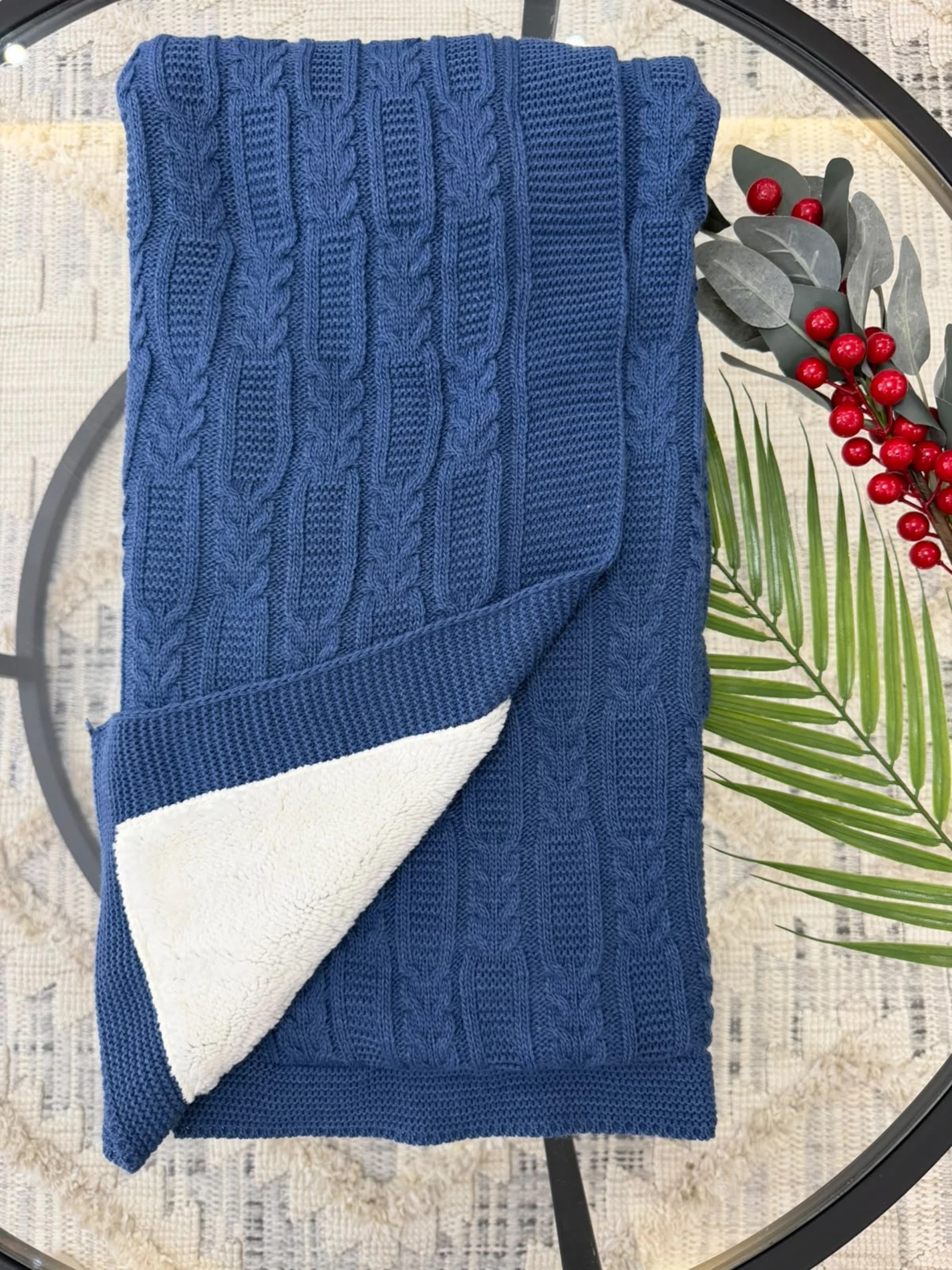Lüks Peluş Astarlı Triko Bebek Battaniyesi Sıcak Tutan Puset & Hastane Çıkış Battaniyesi 80x90 cm - KOYU MAVİ