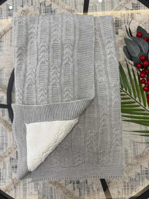 Lüks Peluş Astarlı Triko Bebek Battaniyesi Sıcak Tutan Puset & Hastane Çıkış Battaniyesi 80x90 cm - GRİ