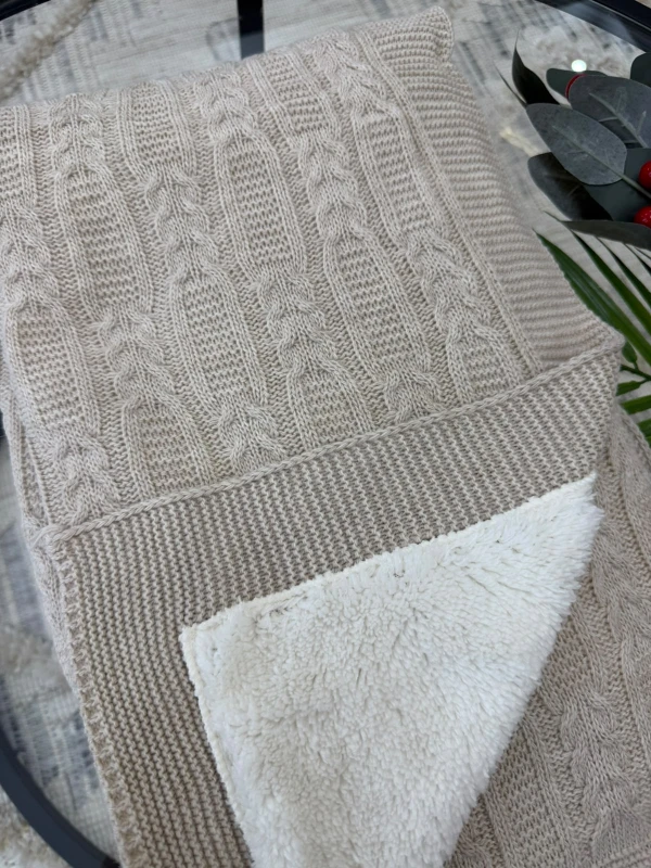 Lüks Peluş Astarlı Triko Bebek Battaniyesi Sıcak Tutan Puset & Hastane Çıkış Battaniyesi 80x90 cm - VİZON