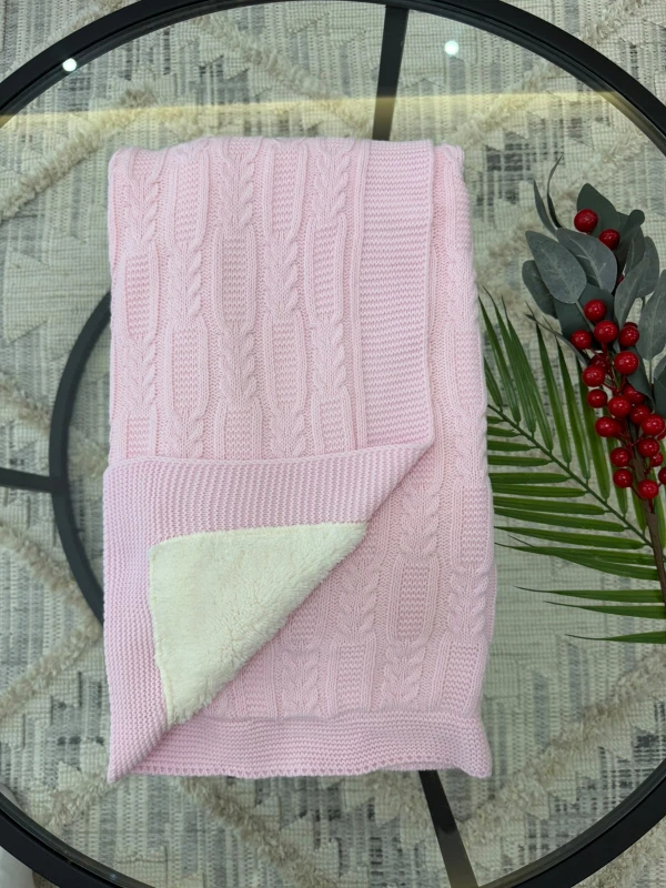Lüks Peluş Astarlı Triko Bebek Battaniyesi Sıcak Tutan Puset & Hastane Çıkış Battaniyesi 80x90 cm - PEMBE