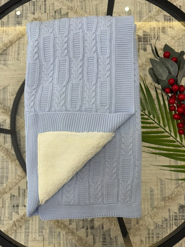 Lüks Peluş Astarlı Triko Bebek Battaniyesi Sıcak Tutan Puset & Hastane Çıkış Battaniyesi 80x90 cm - MAVİ