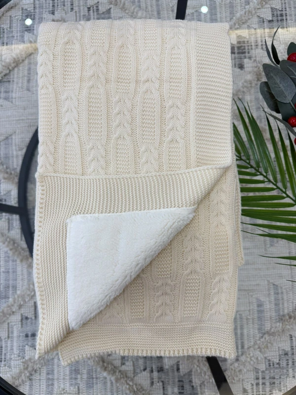 Lüks Peluş Astarlı Triko Bebek Battaniyesi Sıcak Tutan Puset & Hastane Çıkış Battaniyesi 80x90 cm - BEJ