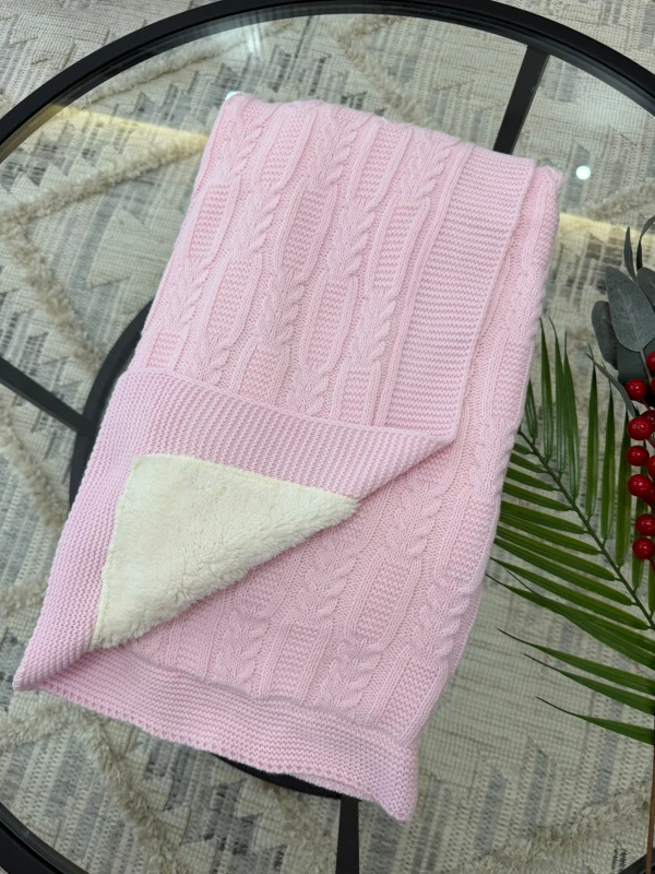 Lüks Peluş Astarlı Triko Bebek Battaniyesi Sıcak Tutan Puset & Hastane Çıkış Battaniyesi 80x90 cm - PEMBE