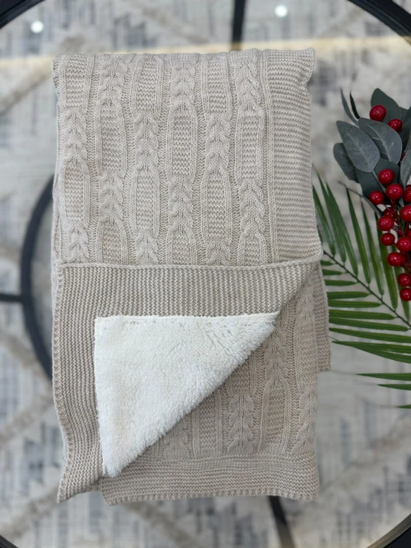 Lüks Peluş Astarlı Triko Bebek Battaniyesi Sıcak Tutan Puset & Hastane Çıkış Battaniyesi 80x90 cm - VİZON