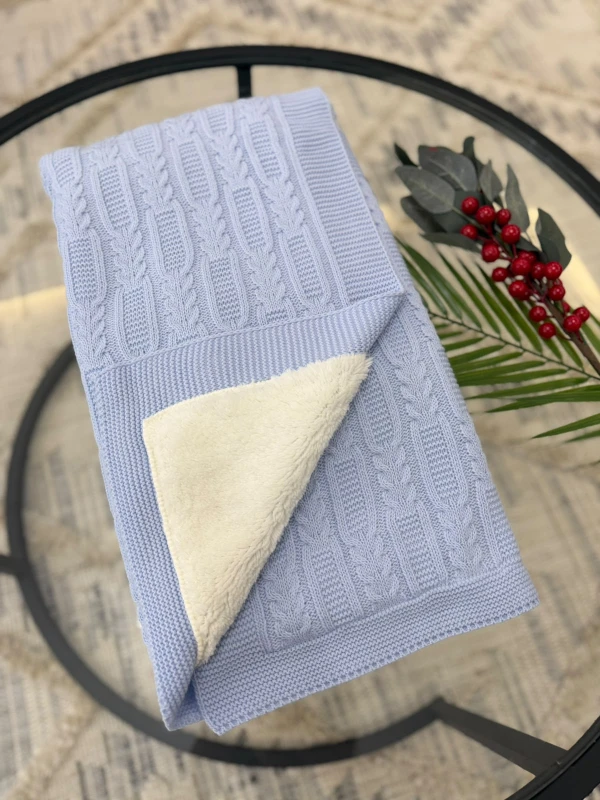 Lüks Peluş Astarlı Triko Bebek Battaniyesi Sıcak Tutan Puset & Hastane Çıkış Battaniyesi 80x90 cm - MAVİ