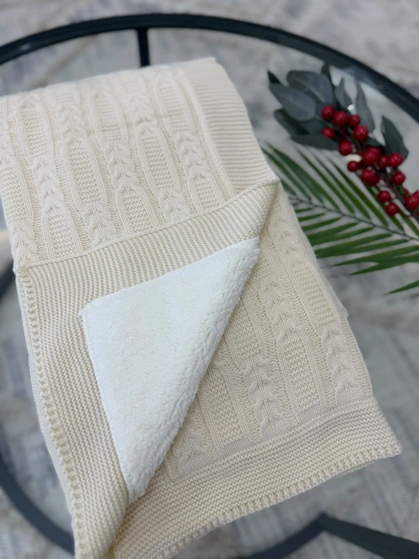 Lüks Peluş Astarlı Triko Bebek Battaniyesi Sıcak Tutan Puset & Hastane Çıkış Battaniyesi 80x90 cm - BEJ