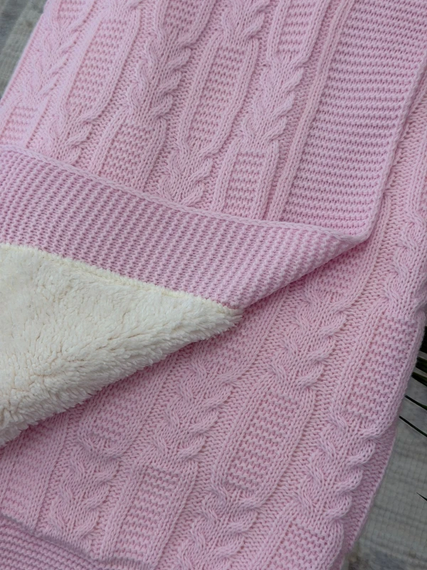 Lüks Peluş Astarlı Triko Bebek Battaniyesi Sıcak Tutan Puset & Hastane Çıkış Battaniyesi 80x90 cm - PEMBE