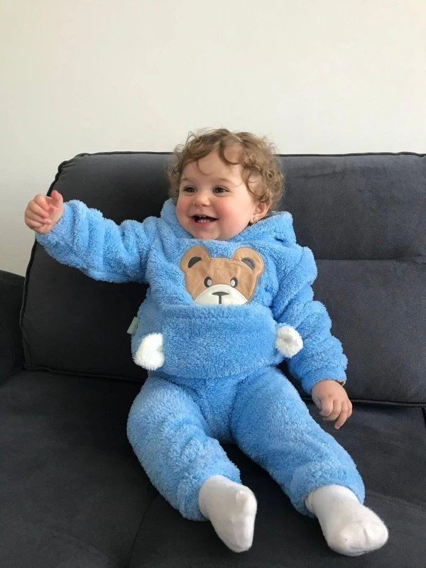 Kışlık Peluş Welsoft Cepli Kapüşonlu Bebek Takımı - MAVİ