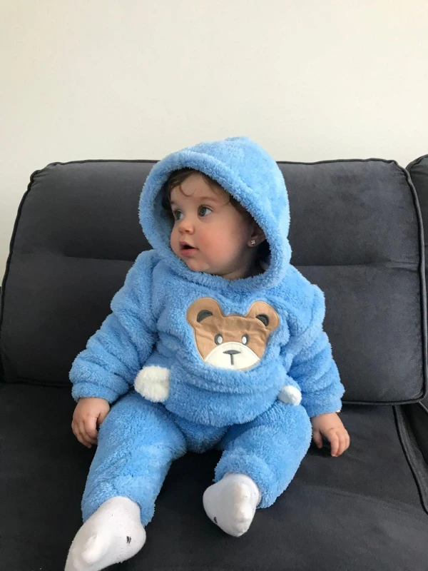 Kışlık Peluş Welsoft Cepli Kapüşonlu Bebek Takımı - MAVİ