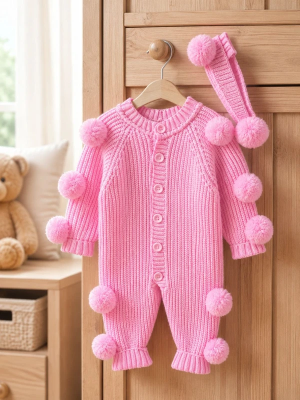Kız Bebek Ponponlu Triko Tulum Bandana 2’li Takım Kırmızı Yenidoğan Kışlık Tulum - PEMBE