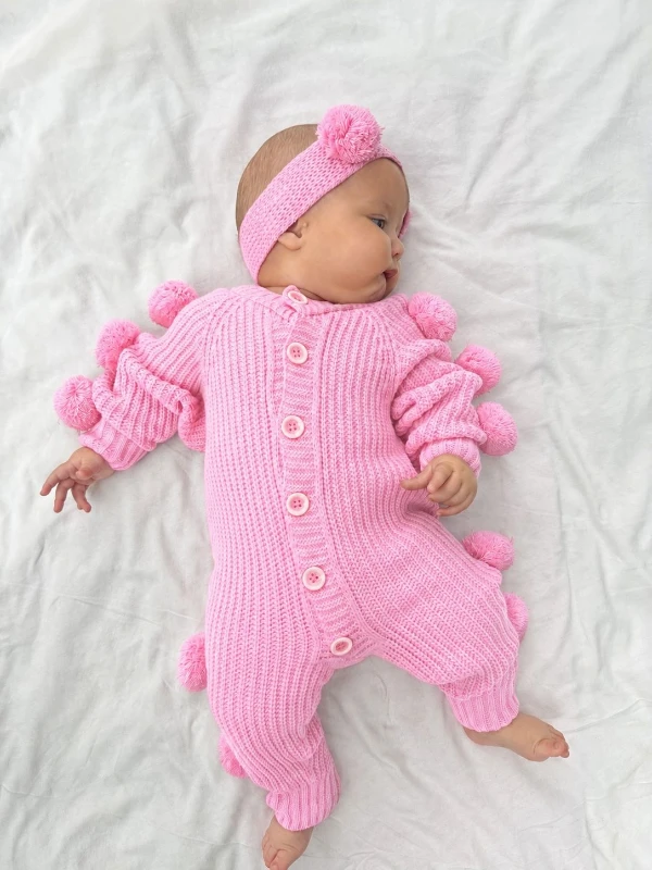 Kız Bebek Ponponlu Triko Tulum Bandana 2’li Takım Kırmızı Yenidoğan Kışlık Tulum - PEMBE