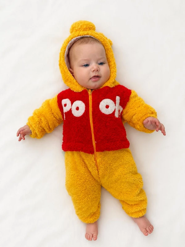 Winnie The Pooh Welsoft Peluş Unisex Fermuarlı Kışlık Bebek Uyku Tulumu Bebek Tulumu Bebek Kostümü - SARI