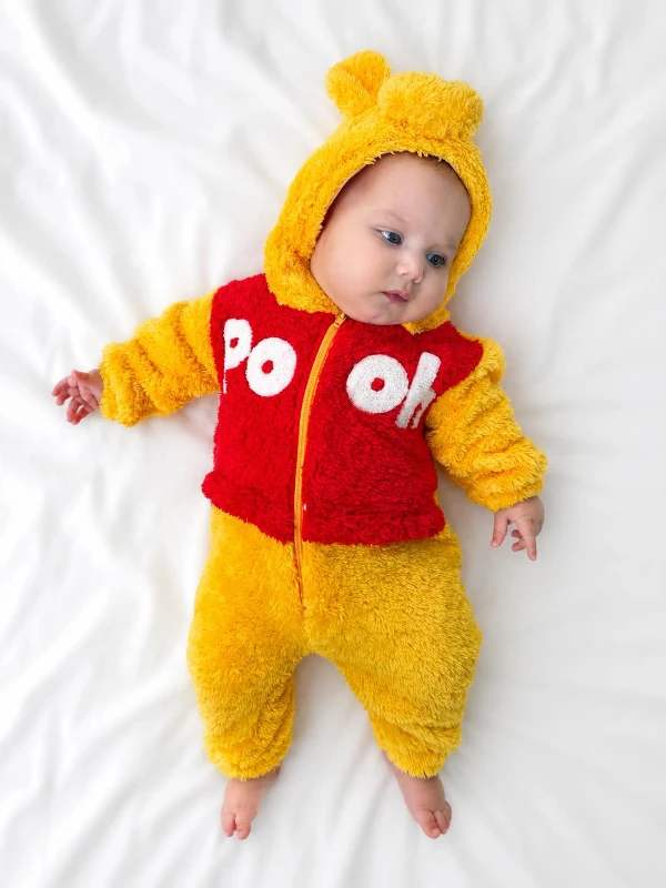 Winnie The Pooh Welsoft Peluş Unisex Fermuarlı Kışlık Bebek Uyku Tulumu Bebek Tulumu Bebek Kostümü - SARI