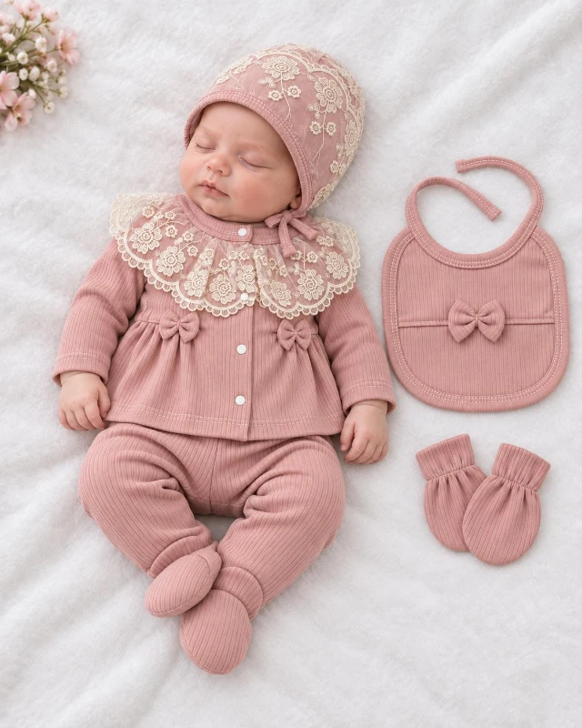 Kız Bebek Dantelli Yakalı 5 Parça Yenidoğan Hastane Çıkışı Seti Patikli Alt Şapka Eldiven Önlük 0-3 Ay - GÜLKURUSU