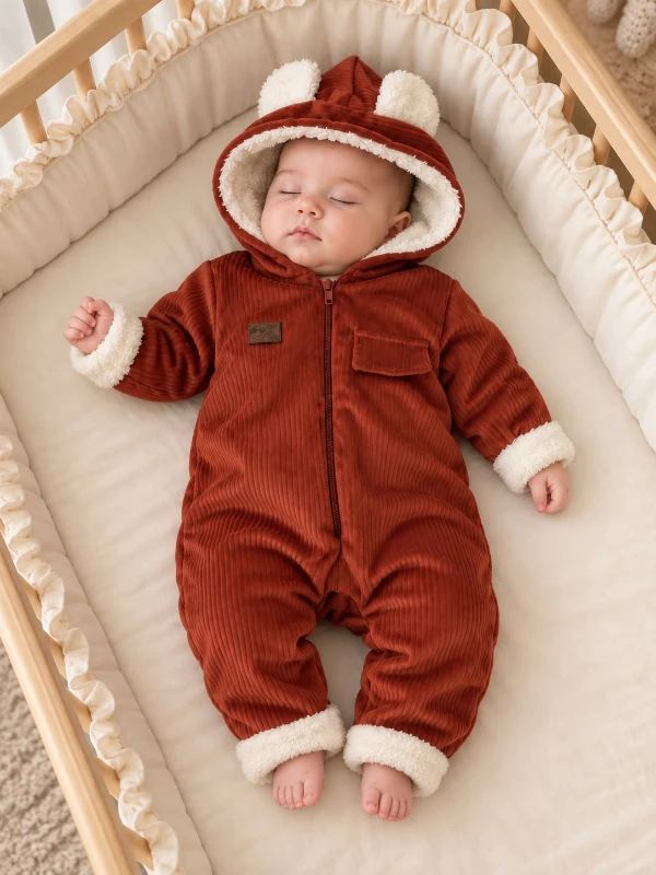 Bebek Kiremit Kadife İçi Peluş Kulaklı Kapüşonlu Kışlık Astronot Tulum 6-24 Ay - KİREMİT