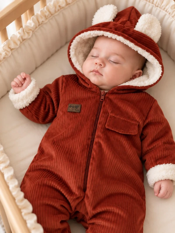 Bebek Kiremit Kadife İçi Peluş Kulaklı Kapüşonlu Kışlık Astronot Tulum 6-24 Ay - KİREMİT