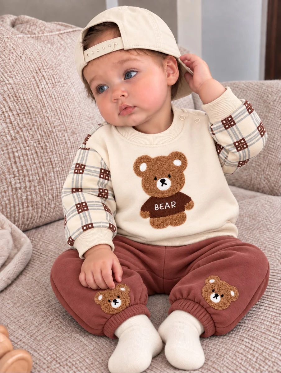 Ayıcık Aplikeli Ekose Kollu Sweatshirt ve Eşofman Altı 2’li Erkek Bebek Takım - KAHVERENGİ
