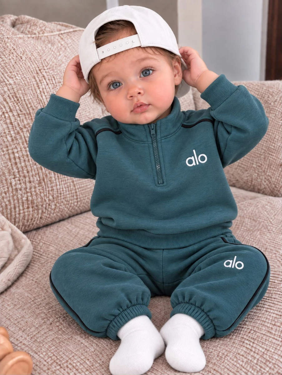 Bebek/Çocuk Unisex Dik Yaka Yarım Fermuarlı Şerit Detaylı 2’li Eşofman Takımı - PETROL YEŞİLİ