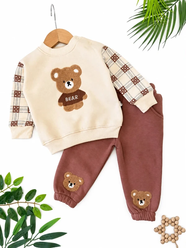Ayıcık Aplikeli Ekose Kollu Sweatshirt ve Eşofman Altı 2’li Erkek Bebek Takım - KAHVERENGİ