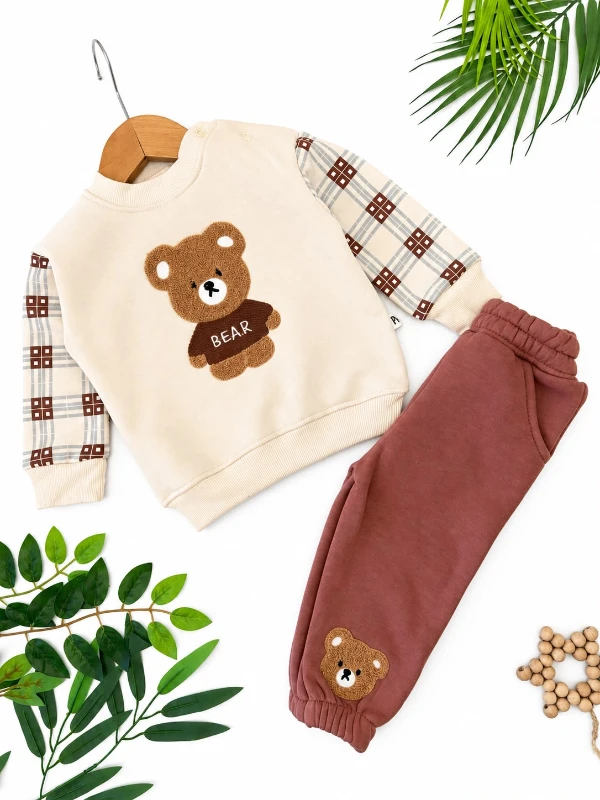 Ayıcık Aplikeli Ekose Kollu Sweatshirt ve Eşofman Altı 2’li Erkek Bebek Takım - KAHVERENGİ