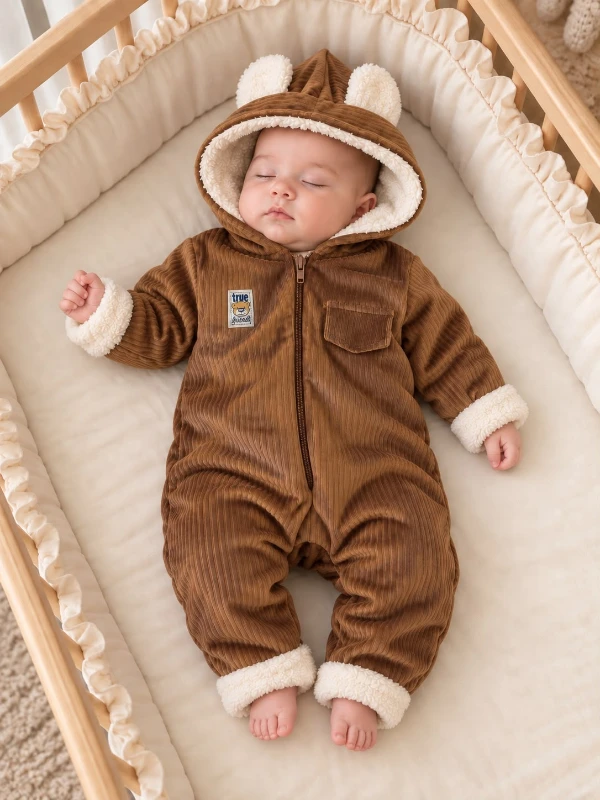 Bebek Kiremit Kadife İçi Peluş Kulaklı Kapüşonlu Kışlık Astronot Tulum 6-24 Ay - KAHVERENGİ