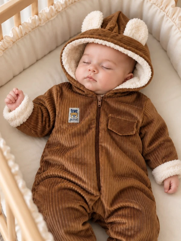 Bebek Kiremit Kadife İçi Peluş Kulaklı Kapüşonlu Kışlık Astronot Tulum 6-24 Ay - KAHVERENGİ