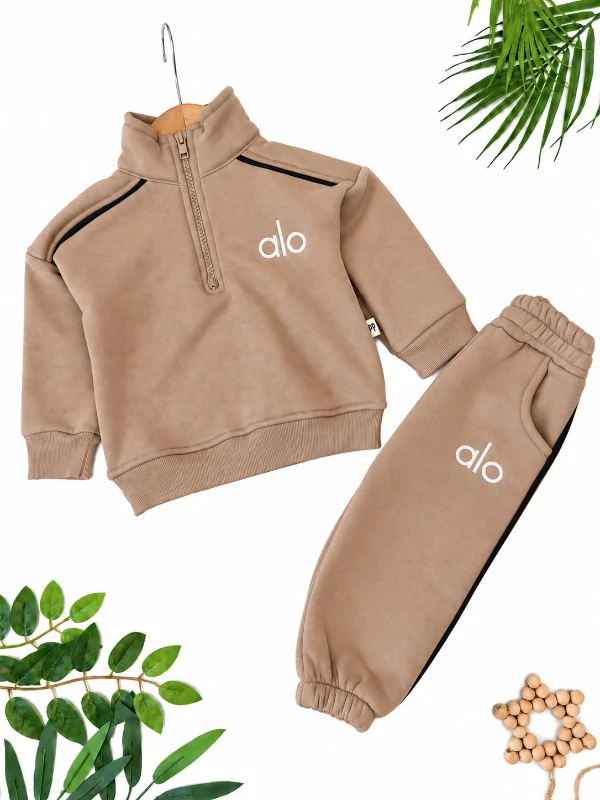 Bebek/Çocuk Unisex Dik Yaka Yarım Fermuarlı Şerit Detaylı 2’li Eşofman Takımı - KAHVERENGİ