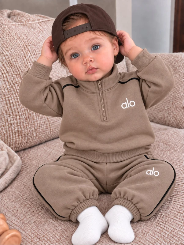 Bebek/Çocuk Unisex Dik Yaka Yarım Fermuarlı Şerit Detaylı 2’li Eşofman Takımı - KAHVERENGİ