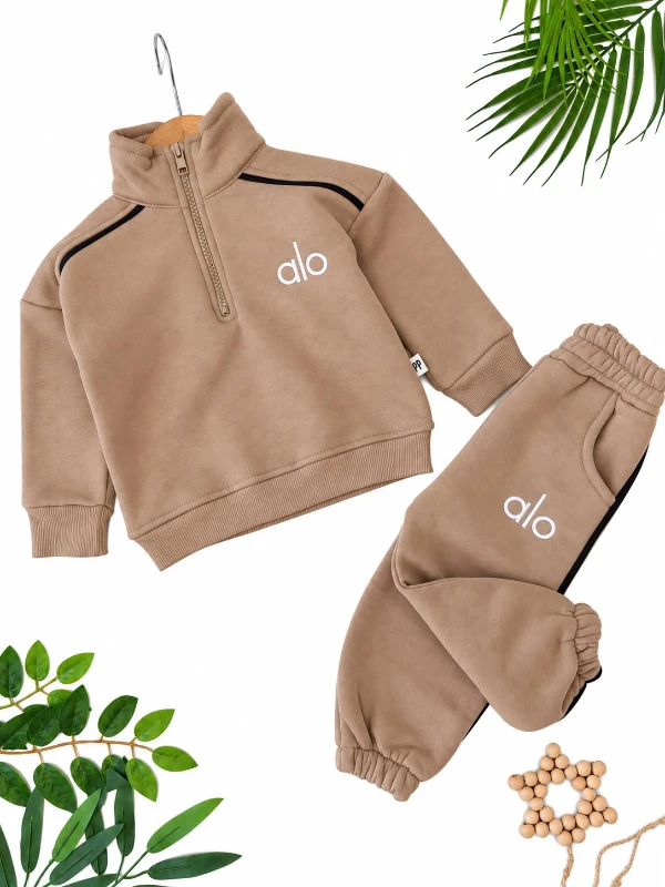 Bebek/Çocuk Unisex Dik Yaka Yarım Fermuarlı Şerit Detaylı 2’li Eşofman Takımı - KAHVERENGİ