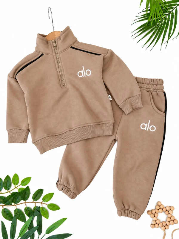 Bebek/Çocuk Unisex Dik Yaka Yarım Fermuarlı Şerit Detaylı 2’li Eşofman Takımı - KAHVERENGİ