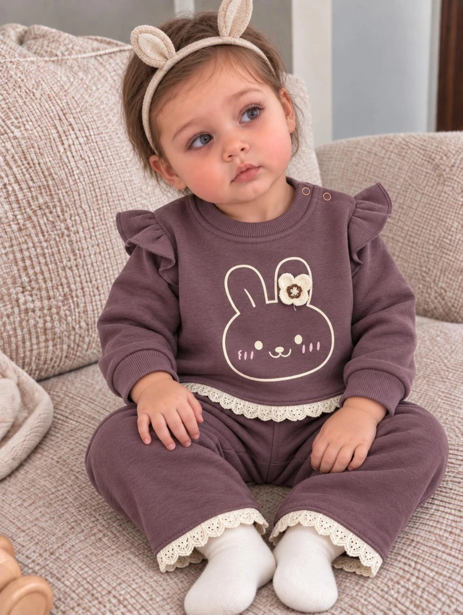 Kız Bebek Tavşan Baskılı Fırfır ve Dantel Detaylı Sweatshirt Pantolon 2’li Takım - MÜRDÜM