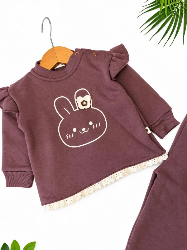 Kız Bebek Tavşan Baskılı Fırfır ve Dantel Detaylı Sweatshirt Pantolon 2’li Takım - MÜRDÜM