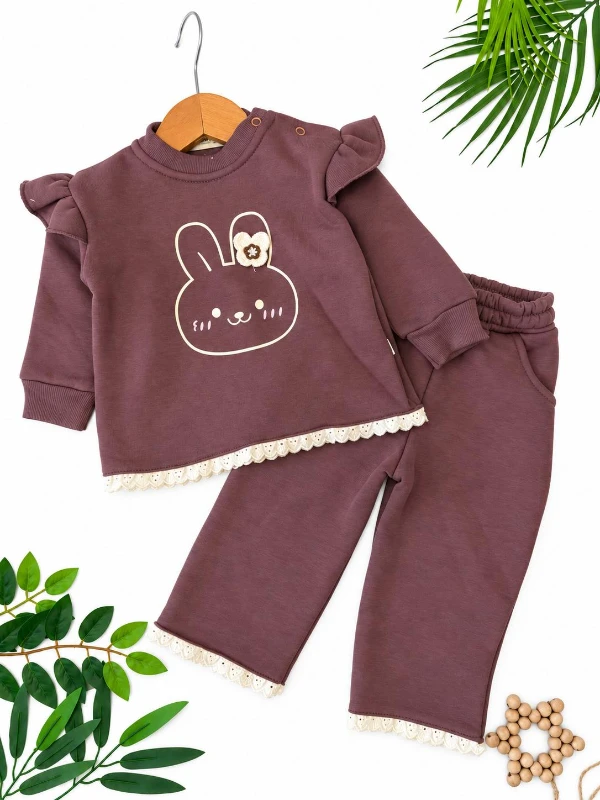 Kız Bebek Tavşan Baskılı Fırfır ve Dantel Detaylı Sweatshirt Pantolon 2’li Takım - MÜRDÜM