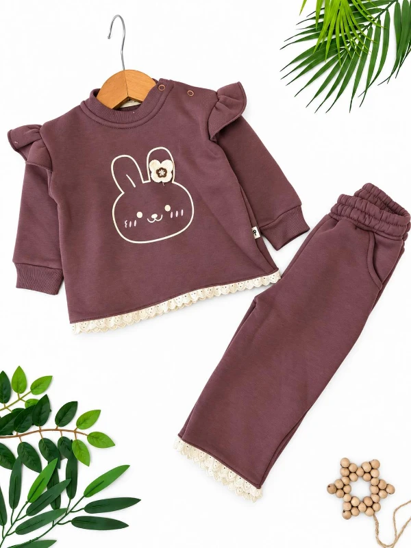 Kız Bebek Tavşan Baskılı Fırfır ve Dantel Detaylı Sweatshirt Pantolon 2’li Takım - MÜRDÜM
