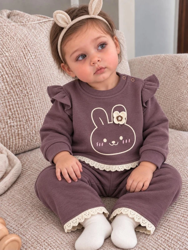 Kız Bebek Tavşan Baskılı Fırfır ve Dantel Detaylı Sweatshirt Pantolon 2’li Takım - MÜRDÜM
